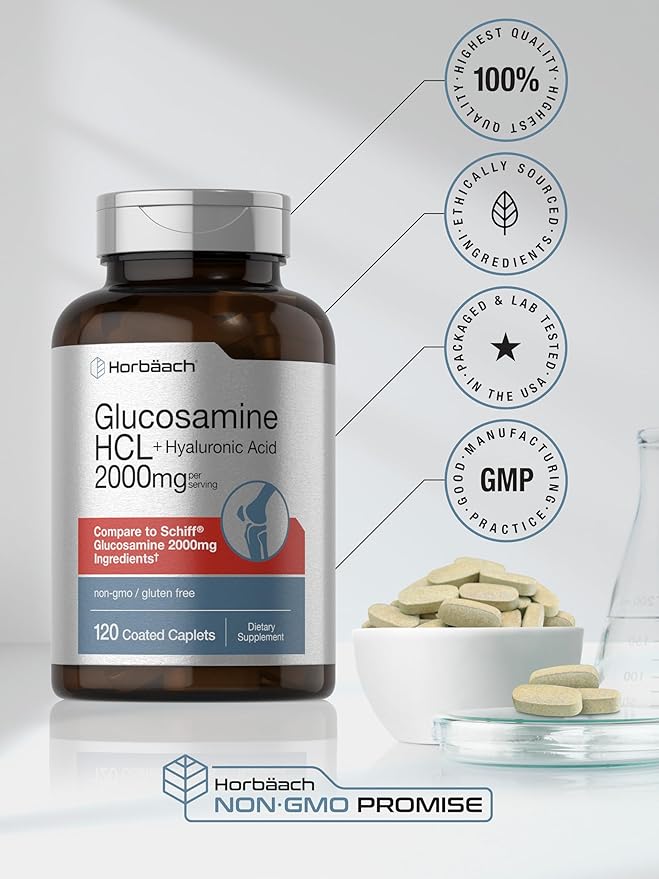 Horbäach Glucosamine HCL | with Hyaluronic Acid | 2000mg | 120 Coated Caplets | Non-GMO & Gluten Free Supplement