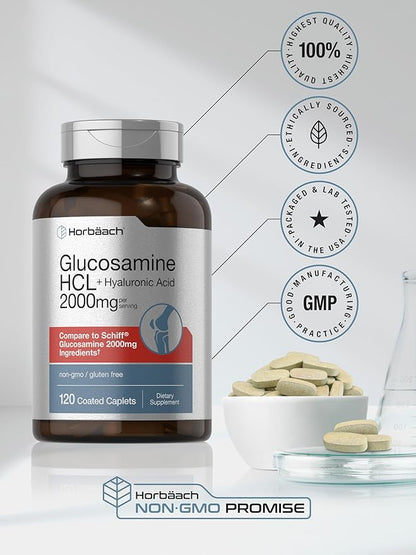 Horbäach Glucosamine HCL | with Hyaluronic Acid | 2000mg | 120 Coated Caplets | Non-GMO & Gluten Free Supplement