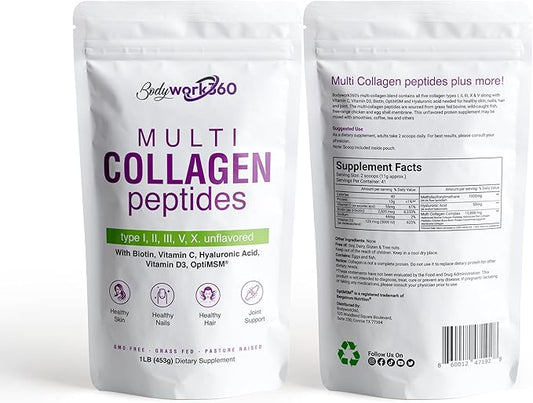 Multi Collagen Peptides Powder | Type I,II,III,V,X with Hyaluronic Acid, Biotin, Vitamin C, Vitamin D3 & OptiMSM - Unflavored