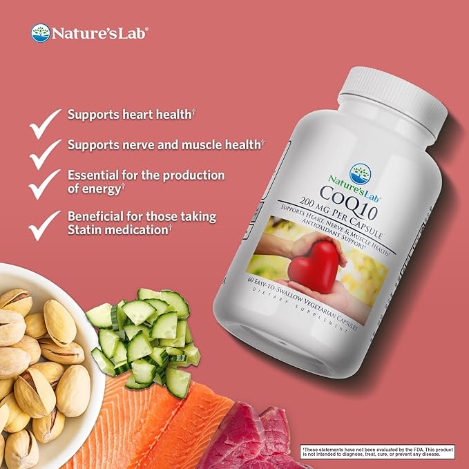 Nature's Lab CoQ10 200mg Nutritional Supplement - Supports Heart, Nerve & Muscle Health* - 60 Count (2 Month Supply)
