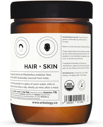 Erbology Organic Amla Powder 3.2 oz - 45 Servings - Indian Gooseberry - Skin and Hair Regeneration - Rich in Vitamin C - Sustainably Sourced Straight from Farm in India - Small Batch - GMO-Free