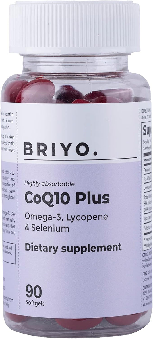 Briyo Highly absorbable CoQ10 100 mg Plus Omega-3 with Natural Form of Lycopene and Selenium, Heart Health Supplement (90 softgels)