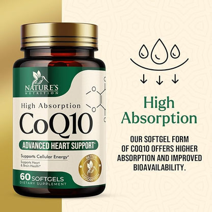 CoQ10 100mg Softgels - Better Absorption, Antioxidant for Heart Health & Cellular Energy Support - Nature's Co Q10 Vitamins, Non-GMO & Gluten Free, Coenzyme Q10 Supplement - 60 Softgels
