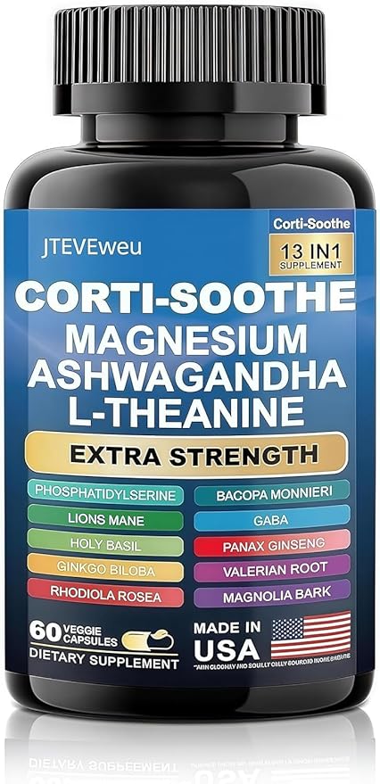 Corti-Soothe Cortisol Supplement,Magnesium Glycinate 200mg, L-Theanine 150mg, Phosphatidylserine 50mg & Manager Lions Mane Holy Basil Ginkgo Biloba Bacopa Monnieri Valerian (60 Capsules) DD