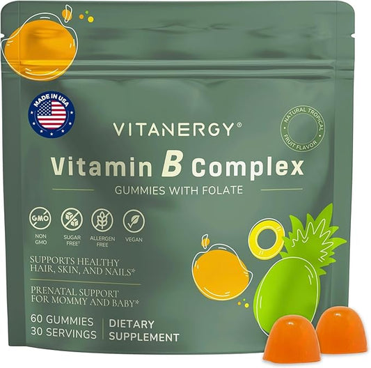 Vitamin B Complex Gummies for Women - 7 Essential Vitamins and Iron, Energy, Immune, Prenatal Support, Portable Pouch, Tropical Flavor, Made in USA, 60 Count