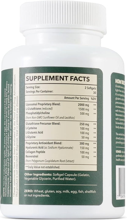 Liposomal Glutathione 2000 MG, Superior Absorption, Glutathione Supplement with Hyaluronic Acid + Collagen Peptide + Resveratrol, Powerful Antioxidant, Health Aging, 60 Count