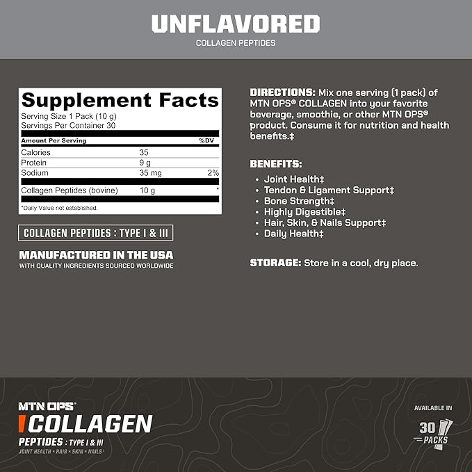 MTN OPS Collagen Protein Powder On-The-Go Packs, 30 Packs per Bag of Unflavored, Highly Digestible Protein with 9g of Protein per Serving