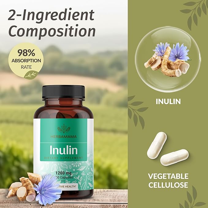 HERBAMAMA Inulin Powder Capsules 1200mg - Digestive Support & Gut Cleanse with Inulin Prebiotic Fiber - Vegan, Non-GMO Chicory Root Powder Supplement, 100 Caps, 16-Day Supply