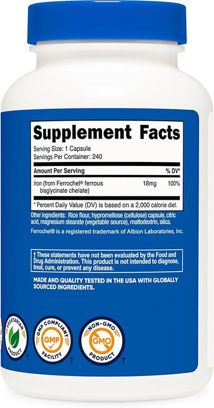 Nutricost Chelated Iron (from Ferrochel) 18mg, 240 Capsules - Gluten Free, Non GMO Iron Chelate Supplement