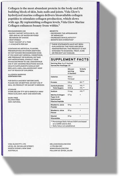 Vida Glow Marine Collagen Powder - Anti Aging Supplement with Collagen Peptides, Promotes Glowing Skin, Strong Nails, Healthy Hair | 30 Servings, Original Flavor (One Size, Blueberry)
