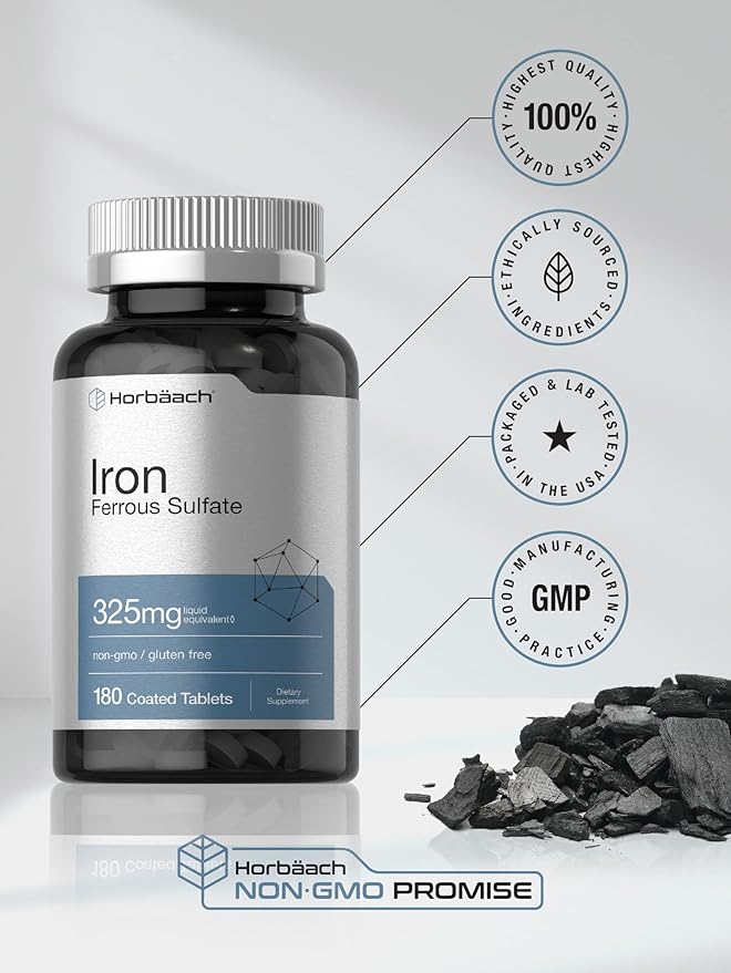Horbäach Iron Ferrous Sulfate 325mg | 180 Count | Vegetarian, Non-GMO & Gluten Free Dietary Supplement