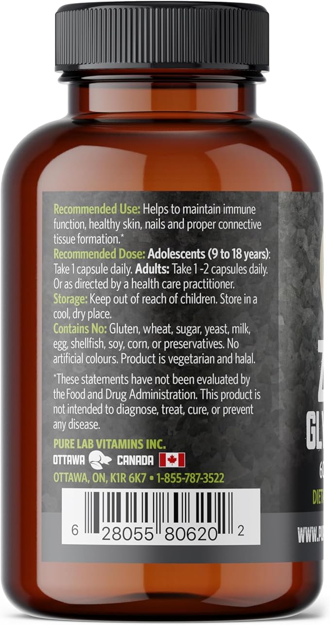 Zinc Glycinate 23 mg Supplement - 60 Vegan Caps by Pure Lab Vitamins - Amino Acid Salt for Healthy Skin & Nails - Supports The Immune System, Prostate, Vision - Made in Canada