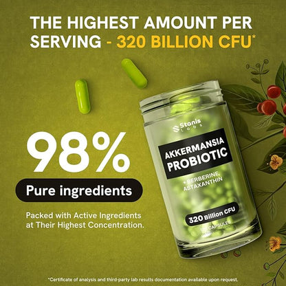 Akkermansia Muciniphila Probiotics 320 Billion CFU| GLP-1 Probiotic and Prebiotic | Akkermansia Probiotics for gut health | Inulin Prebiotic Fiber Capsules Astaxanthin & Berberine & Chromium 120 count