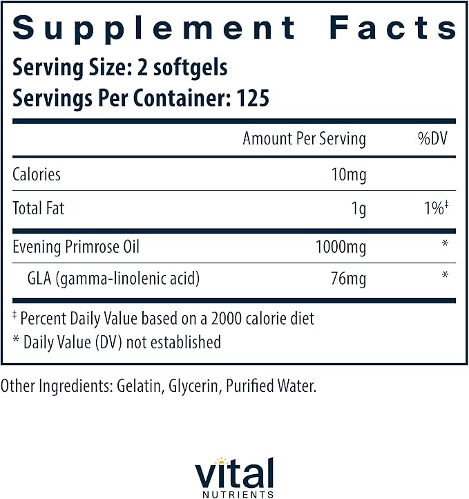 Vital Nutrients Evening Primrose Oil 1000mg | Primrose Supplement for Women | GLA Omega-6 Fatty Acid for Skin and PMS Support* | Gluten, Dairy, Soy Free | Non-GMO | 250 Softgels