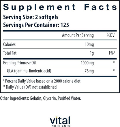 Vital Nutrients Evening Primrose Oil 1000mg | Primrose Supplement for Women | GLA Omega-6 Fatty Acid for Skin and PMS Support* | Gluten, Dairy, Soy Free | Non-GMO | 250 Softgels