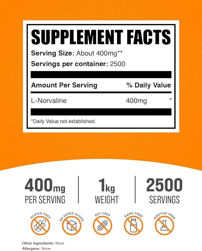 BulkSupplements.com L-Norvaline Powder - L-Norvaline Supplement, Nitric Oxide Supplement, Amino Acid - Gluten Free, 400mg per Serving, 1kg (2.2 lbs) (Pack of 1)