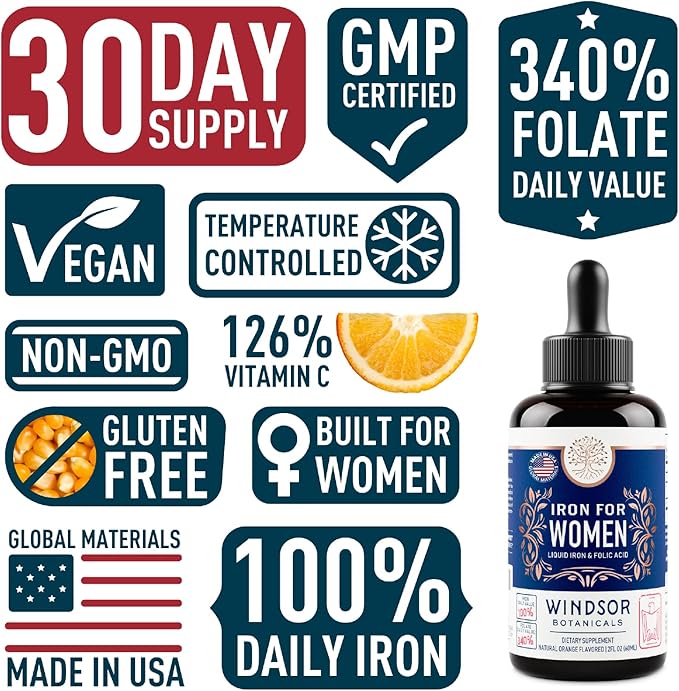 Liquid Iron Supplement for Women 2-Pack - Folic Acid, Vitamin C, Vegan Liquid Iron Supplements for Anemia, Menstruation, Pregnancy Support - Drops Orange Flavor - 2x2oz