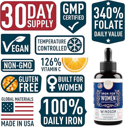 Liquid Iron Supplement for Women 2-Pack - Folic Acid, Vitamin C, Vegan Liquid Iron Supplements for Anemia, Menstruation, Pregnancy Support - Drops Orange Flavor - 2x2oz