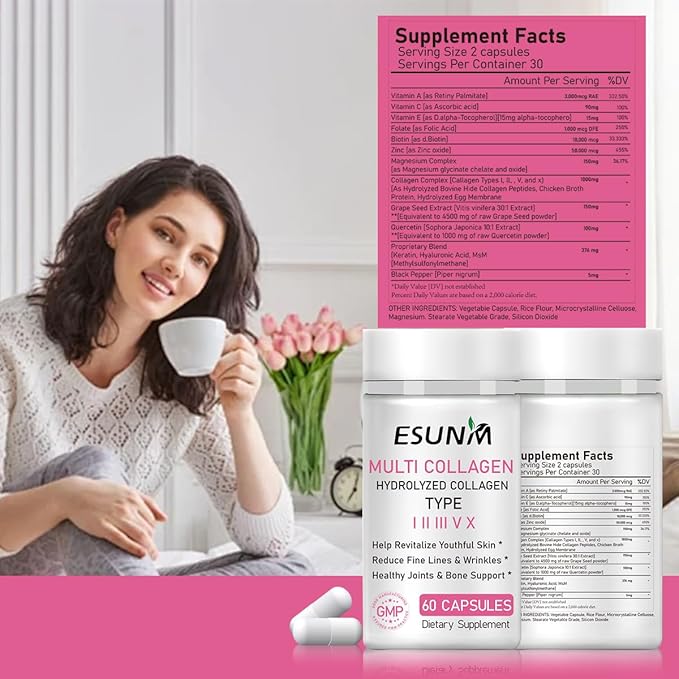 Multi Collagen Capsules for Women & Men - Type I, II, III, V, X - Hydrolyzed Collagen Supplements with Biotin, Vitamin C for Hair, Skin, Nail & Joint Support, 60 Capsules,30 Servings