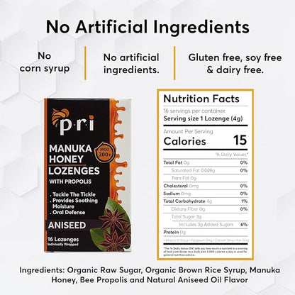 P.R.I Manuka Honey Lozenges with Propolis, Soothing Cough and Throat Drops, MGO 300+ Certified, (Original Aniseed, 16 Count)