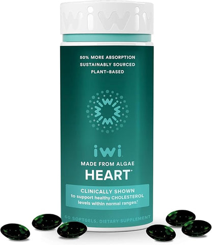 Iwi Life Heart Omega-3, 60 Softgels (30 Servings), Vegan Plant-Based Algae Omega Fatty Acids + EPA, Heart Health Support Dietary Supplement, Krill & Fish Oil Alternative, No Fishy Aftertaste