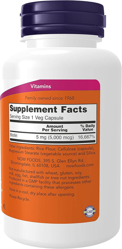 NOW Supplements, Biotin 5,000 mcg, Amino Acid Metabolism*, Energy Production*, 120 Veg Capsules (Pack of 2)