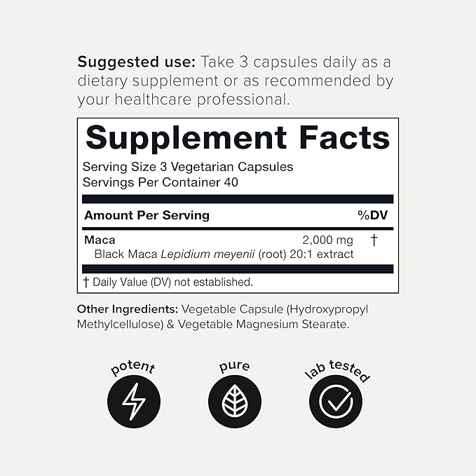 Black Maca Root - Ultra High Potency 20:1 Extract - Single Origin, Wildcrafted & Highly Concentrated - Third-Party Lab Tested - 120 Capsules