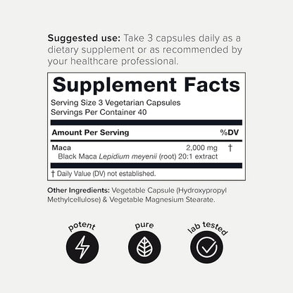 Black Maca Root - Ultra High Potency 20:1 Extract - Single Origin, Wildcrafted & Highly Concentrated - Third-Party Lab Tested - 120 Capsules