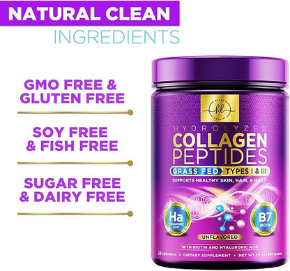 Collagen Peptides Powder - Unflavored Grass Fed Collagen Powder Type I & III Collagen Supplements with Hyaluronic Acid & Biotin - Women's Hair, Nail, Skin, Bones & Joint Health Support - 28 Servings