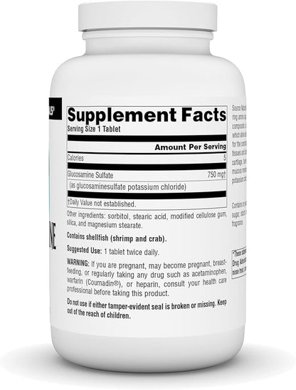 Source Naturals Glucosamine Sulfate, Sodium-Free 750 mg for Joint Support - 240 Tablets