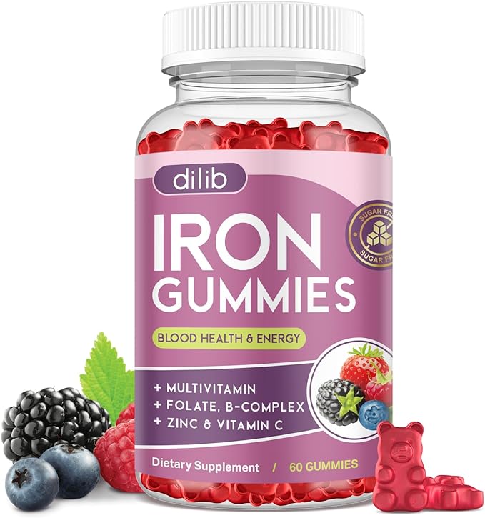 Iron Gummies with Multivitamin, Iron Supplement for Women & Men with Zinc, Vitamin B Complex & C, B12, Folate - Blood Builder & Energy Support for Adults & Kids - Mixed Berry Flavor, Vegan 60 Gummies