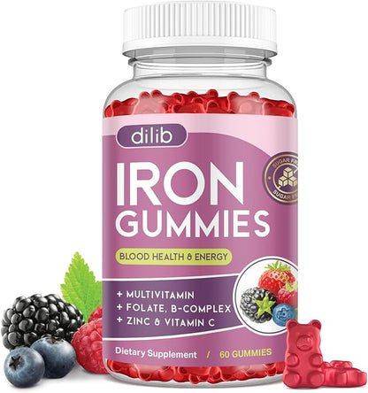 Iron Gummies with Multivitamin, Iron Supplement for Women & Men with Zinc, Vitamin B Complex & C, B12, Folate - Blood Builder & Energy Support for Adults & Kids - Mixed Berry Flavor, Vegan 60 Gummies