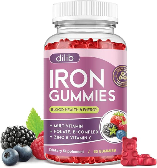 Iron Gummies with Multivitamin, Iron Supplement for Women & Men with Zinc, Vitamin B Complex & C, B12, Folate - Blood Builder & Energy Support for Adults & Kids - Mixed Berry Flavor, Vegan 60 Gummies