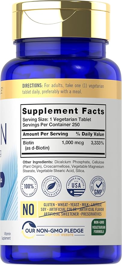 Carlyle Biotin 1000mcg | 250 Vegetarian Tablets | Beauty Formula Supplement | Non-GMO, Gluten Free