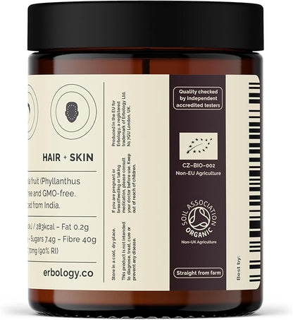Erbology Organic Amla Powder 3.2 oz - 45 Servings - Indian Gooseberry - Skin and Hair Regeneration - Rich in Vitamin C - Sustainably Sourced Straight from Farm in India - Small Batch - GMO-Free