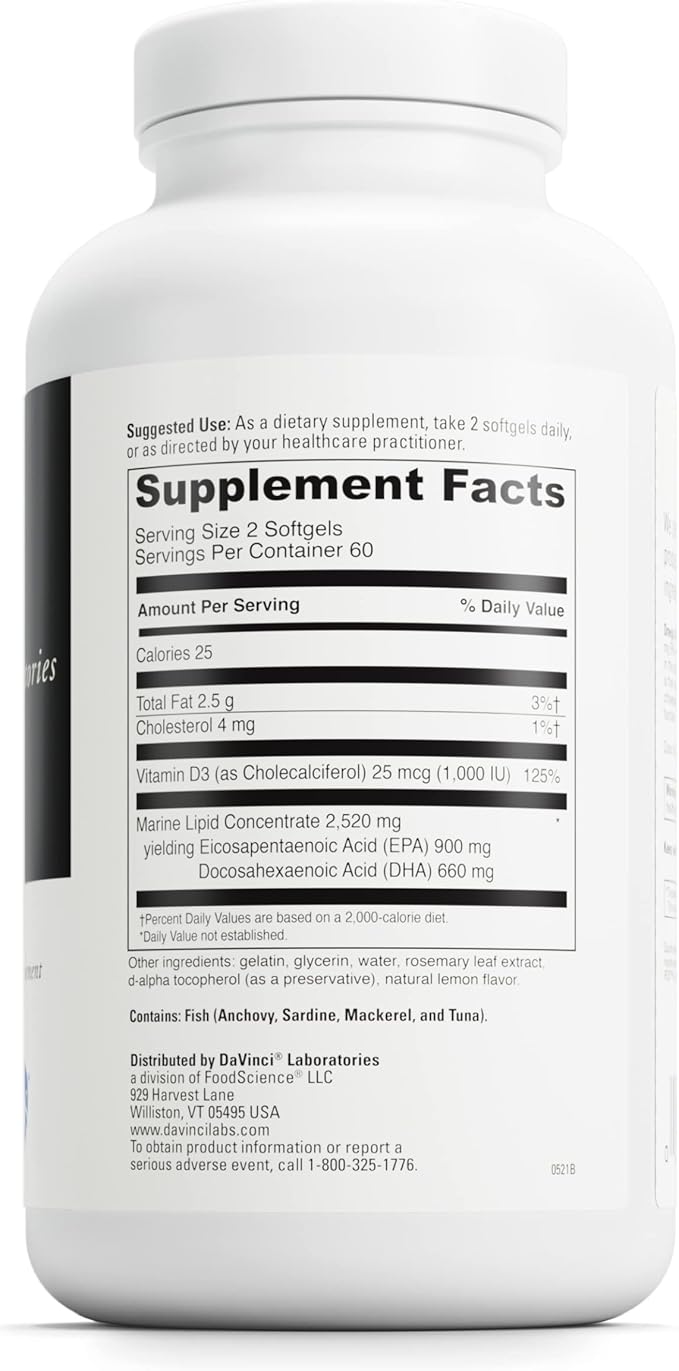 DAVINCI Labs Omega 3 HP-D - Dietary Supplement for Healthy Joints and Immune, Cardiovascular and Skin Health Support* - with Vitamin D3 and More- Gluten-Free - Lemon Flavor - 120 Softgels