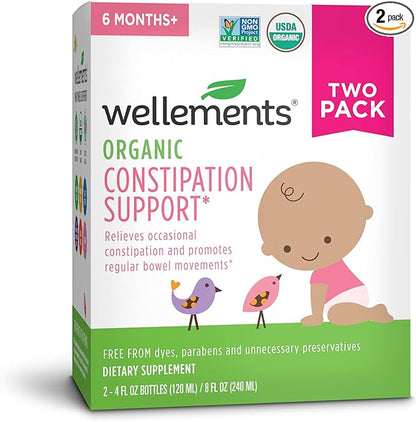 wellements Organic Baby Constipation Support Relieves Occasional Constipation for Infants & Toddlers, No Harsh Laxatives, USDA Certified Organic, 4 Fl Oz (Pack of 2), 6 Months +