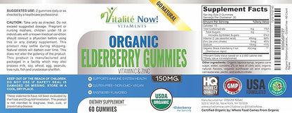 Organic Elderberry Gummies - USDA Certified - Vitamin C & Zinc - Chewable Sambucus - Immune System Support - Vegetarian & Vegan - Raspberry Flavored - Gluten Free - Non-GMO - 60 Count