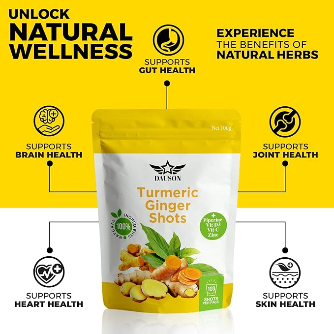 Turmeric Shots with Ginger, Piperine, Vitamins, Zinc & Orange | High Bioavailability Supplement for Joint, Heart, Brain, Gut & Skin Health | Curcumin Immune Support | 100 Shots