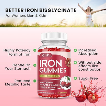 Iron Gummies with Multivitamin, Iron Supplement for Women & Men with Zinc, Vitamin B Complex & C, B12, Folate - Blood Builder & Energy Support for Adults & Kids - Cherry Flavor, Vegan 60 Gummies