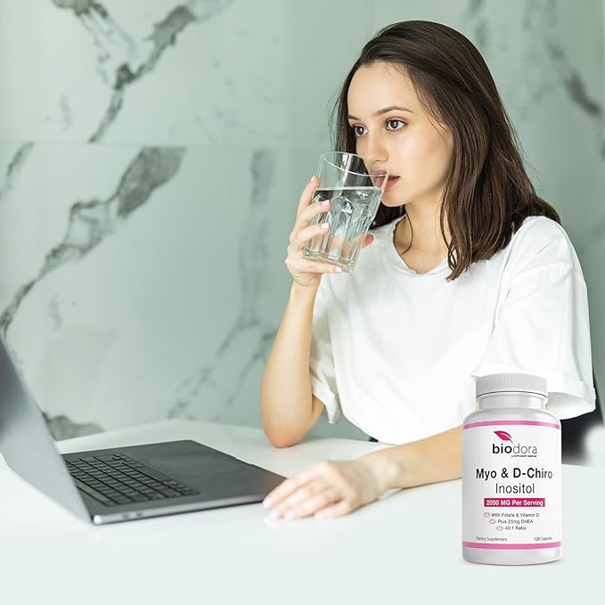 Myo& D-Chiro Inositol Supplement, with Folate and Vitamin D, 40 to 1 Ratio, Includes DHEA, Helps in Hormone Balance, Ovarian Function, 2050mg per Serving, 120 Capsules