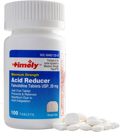 Timely Acid Reducer Famotidine 20mg - Compare to the active ingredient in Maximum Strength Pepcid AC - Antacid Acid Reflux Medicine for Heartburn Relief and Acid Indigestion Symptoms - 100 Tablets