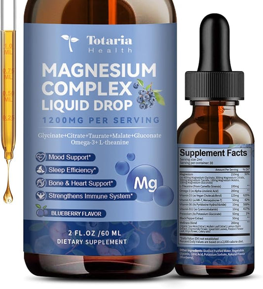 Magnesium Glycinate Liquid Drop 21 in 1 Magnesium Complex with Vitamin D3,K2,B6 & B12 Plus L-Theanine Omega-3 Sea Moss Extract for Energy,Sleep,Joint,Heart Health Sugar Free Blueberry Flavor,2 Fl Oz