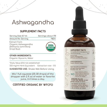 Ashwagandha B120 Alcohol-Free Herbal Extract Tincture, Super-Concentrated USDA Organic (Shui Qie, Indian Ginseng, Withania Somnifera) 4 fl oz