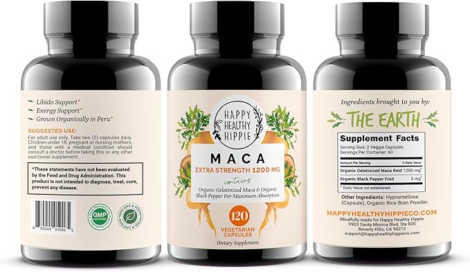 Organic Maca Root Capsules 1200 mg – Libido Booster for Women Fast Acting & Potent | Aphrodisiac Supplement | Energy Pills from Peru | Includes Black Pepper for High Absorption | Vegan, 120 Ct