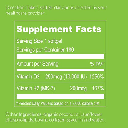UpNourish Liposomal D3 K2 Vitamin 10000 IU D3 and K2 MK-7 200 mcg - 180 Vitamin D3 k2 (Vitamina D3 con K2) Mini Softgels - Easy to Swallow K2 D3 Vitamin