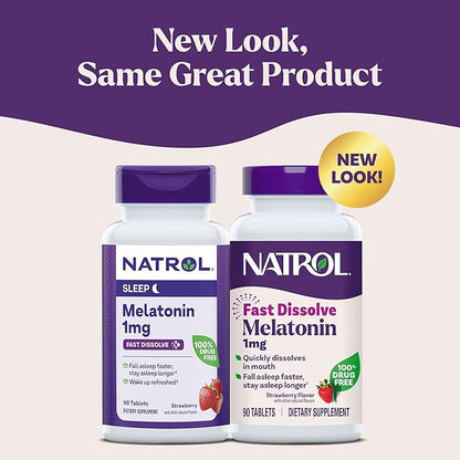 Natrol Fast Dissolve Melatonin 1 mg, Melatonin Supplements for Restful Sleep, Sleep Support for Adults, 90 Strawberry-Flavored Tablets, Up to a 90 Day Supply