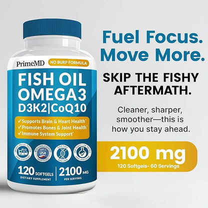 5-in-1 Fish Oil Omega 3 Supplements (2100mg) - Fish Oil with Vitamins D3 & K2 and CoQ10 - EPA DHA Omega 3 Supplement - Lemon Flavored Fatty Acid Supplements, Pack of 2
