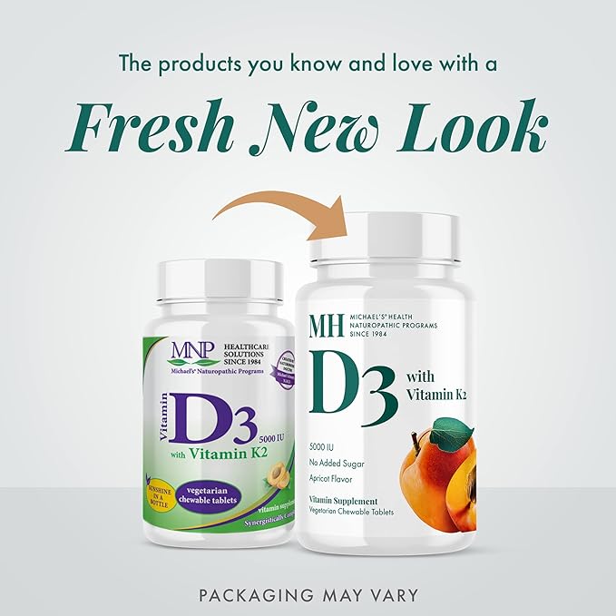 MICHAEL'S Health Naturopathic Programs Vitamin D3 with K2 - 90 Chewable Tablets, Pack of 2 - Apricot Flavor - Skeletal & Immune System Support - No Added Sugar - Vegetarian - 180 Total Servings