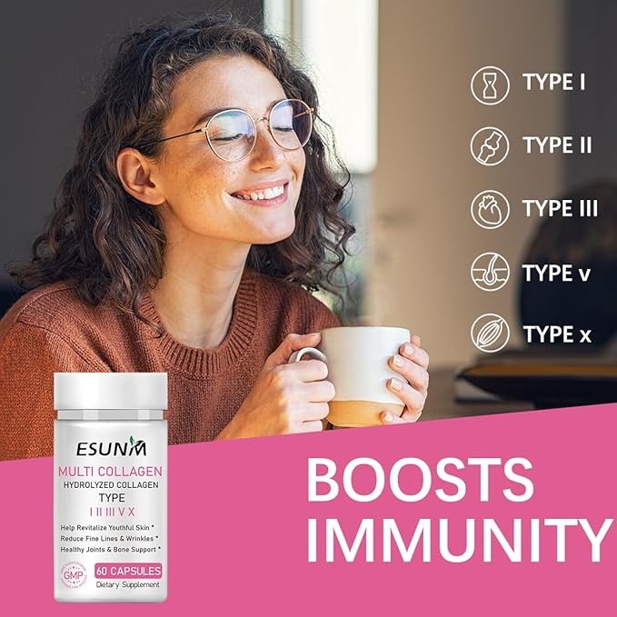 Multi Collagen Capsules for Women & Men - Type I, II, III, V, X - Hydrolyzed Collagen Supplements with Biotin, Vitamin C for Hair, Skin, Nail & Joint Support, 60 Capsules,30 Servings